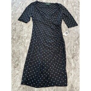 Lauren Ralph Lauren Dress Sheath Black & White  Faux Wrap V-Neck Sz 4P NWT